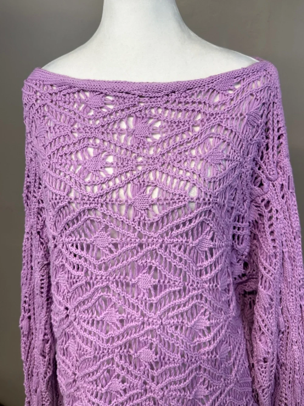 Elan Anthropologie L Crochet Open Knit Sweater Purple Asymmetrical Boho Grunge